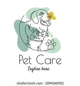 Pet care abstract logo of cute dog line art vector illustration with dummy text on white background.