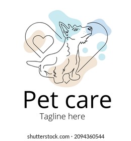 Pet care abstract logo of cute dog line art vector illustration with dummy text on white background.