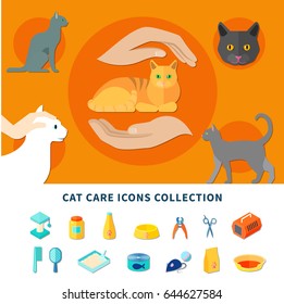 Pet care accessories for cats icons collection flat isolated vector illustration