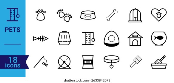 Pet Care and Accessories Line Icons. Pets And Veterinary Icon Pack. Perfect for use in veterinary websites, pet shops, animal shelters, or any design project related to domestic animals.