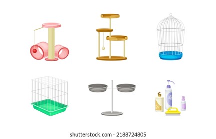 Pet care accessories set. Scratching post, cage and cosmetics, pet shop supplies cartoon vector illustration