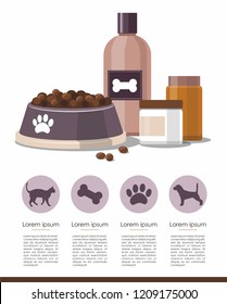 Pet Care Accessories. Pet shop infographic.  Vector illustration on white background.