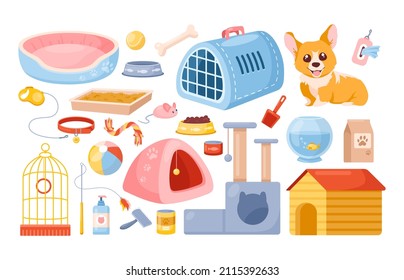 Pet care accessories. Vector animal toys, bed, food, carrier, bowl, care items, supplies, snacks. Products for parrot, cat and dog in cartoon style. Domestic pet concept for vet store, shop, grooming