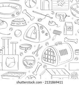 Pet care accessory. Vector seamless pattern of pet toys, bed, food, care items, supplies, snacks. Cartoon products for cat and dog. Domestic animals illustration for vet store, shop, grooming