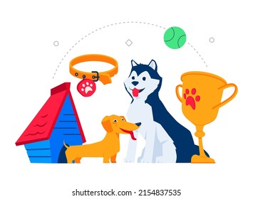 Pet care and animal life - modern colored vector poster on white background with two dogs - husky and dachshund, kennel, collar, cup with paw print, ball for playing. Puppy breeding and pedigree idea