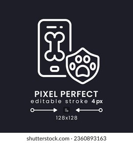 Pet Care app white linear desktop icon on black. Dog walking. Veterinarian services. E commerce. Pixel perfect 128x128, outline 4px. Isolated user interface symbol for dark theme. Editable stroke