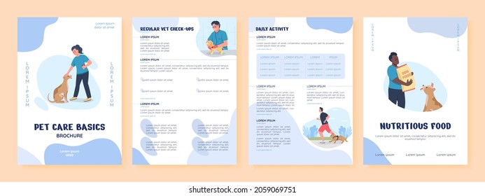 Pet care basics flat vector brochure template. Flyer, booklet, printable leaflet design with flat illustrations. Magazine page, cartoon reports, infographic posters with text space