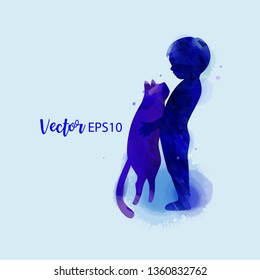 Pet care. Boy hugging cat  silhouette on watercolor background. The concept of trust, friendship . Digital art painting.