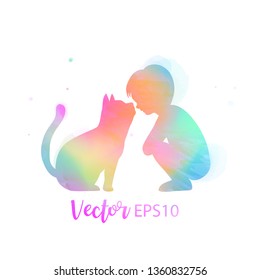 Pet care. A Boy playing with cat  silhouette on watercolor background. The concept of trust, friendship . Digital art painting