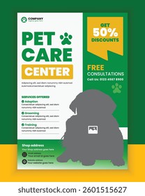 Pet care center flyer design template or pet adoption poster design, pet business a4-sized flyer template