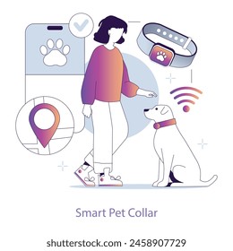 Concepto de collar de cuidado de mascotas. Propietaria y perro con collar inteligente para seguimiento de ubicación y monitoreo de salud. Tecnología de mascotas para la seguridad y la conectividad. Ilustración vectorial.