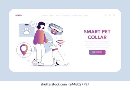 Pet Care collar web or landing page. Owner and dog with smart collar for location tracking and health monitoring. Pet tech for safety and connectivity. Vector illustration.