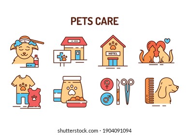 Pet care color line icons set. Providing great services for pets. Improving their life. Pictogram for web page, mobile app, promo. UI UX GUI design element. Editable stroke.