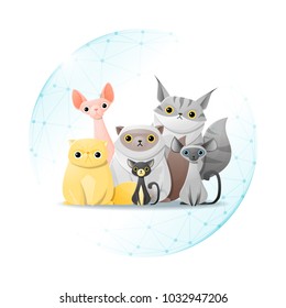 Pet care concept with cats protected in polygonal sphere shield , vector , illustration