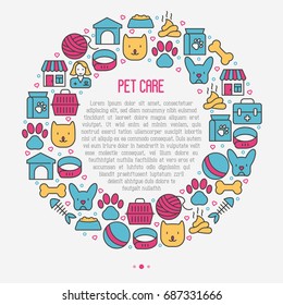 Pet care concept in circle with thin line icons of dog, cat, accessories, food, toys. Vector illustration for banner or web page for vet clinic, pet shop or shelter.