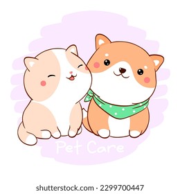 Pet Care concept. Cute fat cartoon cat and dog in kawaii style. Lovely friends puppy and kitty together. Love and friendship. Domestic animals. Vector illustration EPS8