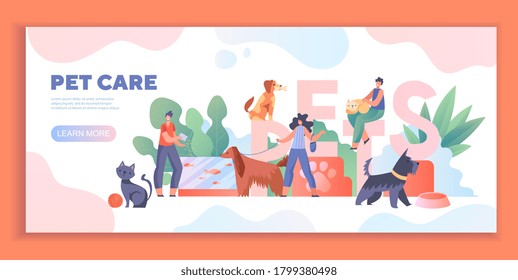 Pet Care concept with diverse people enjoying assorted activities with dogs and cats, colored vector illustration
