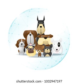 Pet care concept with dogs protected in polygonal sphere shield , vector , illustration