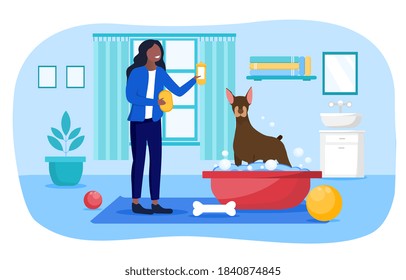 Pet care concept girl bathing her dog at home in the bathroom. Flat cartoon vector illustration with fictional characters.