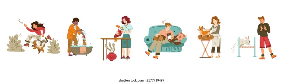 Pet care concept with grooming service, walking, training and veterinary. Vector flat illustration of people and cute domestic animals, dog, cat, rabbit and parrot isolated on white background