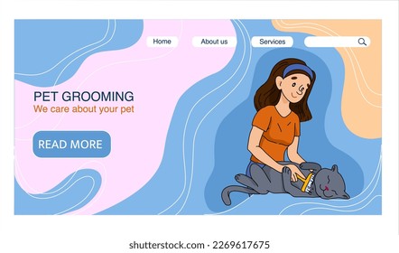 Pet care concept illustration. Grooming in the salon, mobile pet shop. Pet grooming service, clean and fluffy, bath, nail trims, haircuts. Banner for the site, leaflet, business card, advertising.