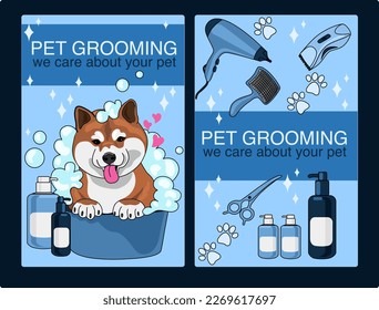 Pet care concept illustration. Grooming in the salon, mobile pet shop. Pet grooming service, clean and fluffy, bath, nail trims, haircuts. Banner for the site, leaflet, business card, advertising.