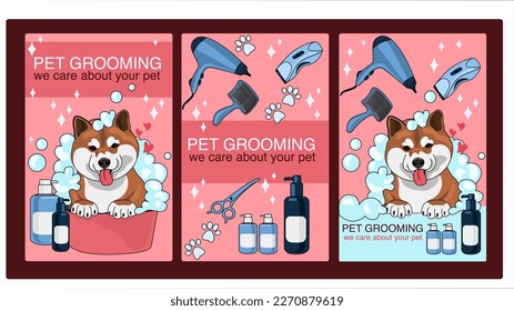 Pet care concept illustration. Grooming in the salon, mobile pet shop. Pet grooming service, clean and fluffy, bath, nail trims, haircuts. Banner for the site, leaflet, business card, advertising.