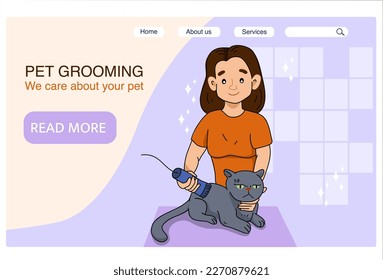 Pet care concept illustration. Grooming in the salon, mobile pet shop. Pet grooming service, clean and fluffy, bath, nail trims, haircuts. Banner for the site, leaflet, business card, advertising.