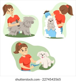 Pet care concept illustration. Grooming in the salon, mobile pet shop. Pet grooming service, clean and fluffy, bath, nail trims, haircuts. Banner for the site, leaflet, business card, advertising.