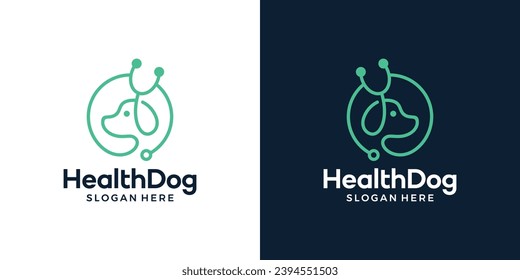 Logo-Design-Vorlage für das Pet-Care-Konzept. Hundelogo mit Stethoskop mit Liniendesign-Grafikvektor. Symbol, Symbol, kreativ.