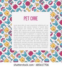 Pet care concept with thin line icons of dog, cat, accessories, food, toys. Vector illustration for banner or web page for vet clinic, pet shop or shelter.