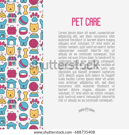 Pet care concept with thin line icons of dog, cat, accessories, food, toys. Vector illustration for banner or web page for vet clinic, pet shop or shelter.