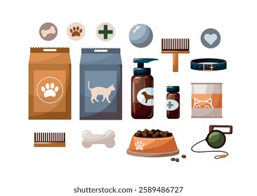 Pet care concept, various pet accessories and tools on white background