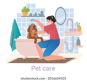 Pet Care concept with woman washing a large brown dog in a bath using a shower attachment, flat cartoon colored vector illustration isolated on white with text on white