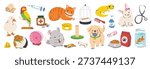 Pet care elements vector illustration set with cats, dogs, birds and grooming items. Hand drawn cartoon design for icons, stickers, pet shop branding and packaging.