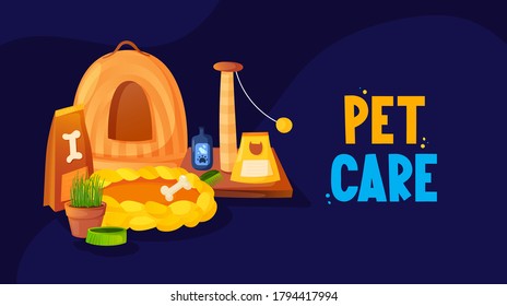 Pet care equipment and text ad banner. Vector background template. Ad poster design for pet shop, clinic or else.