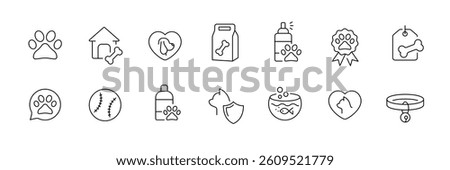 Pet care essentials icons set: linear style collection for veterinary services and animal lovers