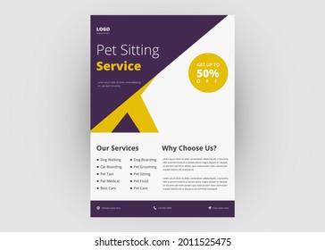 Pet care flyer design. Pet sitting flyer poster leaflet template.