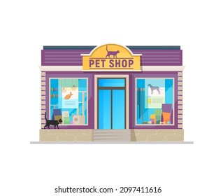 Pet care and food shop building. Vector store facade with animals items behind of wide glass showcase. Cats and dogs production, feed packages, collars and toys. Pet house isolated cartoon exterior