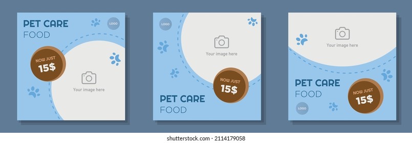 Pet care food social media post, banner set, animal nutrition advertisement concept, pet care service marketing square ad, abstract print, isolated on background.