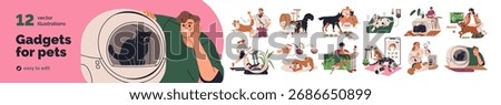 Pet care gadgets, digital devices for cats, dogs set. Automation technologies, accessories for animal owners. Automatic feeder, tracker, camera. Flat vector illustration isolated on white background
