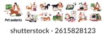 Pet care gadgets set. Digital devices, automation technologies, accessories for animal owners. Automatic feeder, tracker, camera for cats, dogs. Flat vector illustration isolated on white background