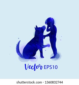 Pet care. Girl playing with dog  silhouette on watercolor background. The concept of trust, friendship . Digital art painting