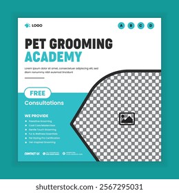 Pet Care and Grooming Training Center Social Media Post and Animal Care Training Academy online Post Square banner Design Template. Online Pet Care and Grooming Course Web Banner Design Template