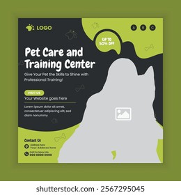 Pet Care and Grooming Training Center Social Media Post and Animal Care Training Academy online Post Square banner Design Template. Online Pet Care and Grooming Course Web Banner Design Template