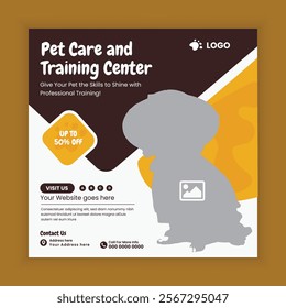 Pet Care and Grooming Training Center Social Media Post and Animal Care Training Academy online Post Square banner Design Template. Online Pet Care and Grooming Course Web Banner Design Template