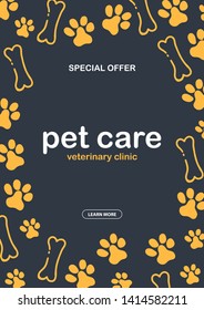 Pet Care. Home animals. Banner with cat or dog paws. Hand draw doodle background