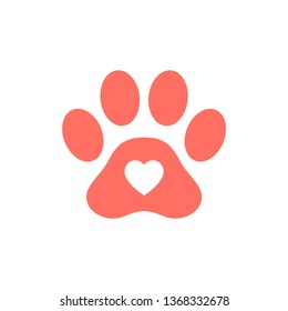 Pet care icon in love symbol in animal footprint.