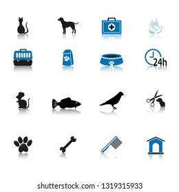 Pet care icon set black and blue isolated on white background