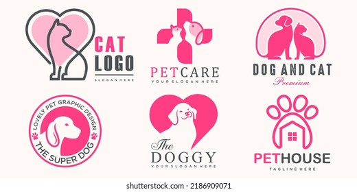 Pet care icon set logo with dog and cat silhouette symbol for store veterinary clinic hospital